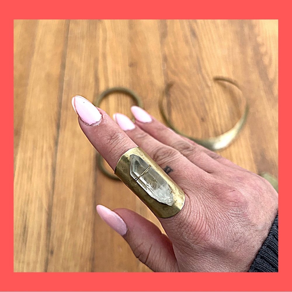 Adjustable Brass and clear quartz crystal ring
